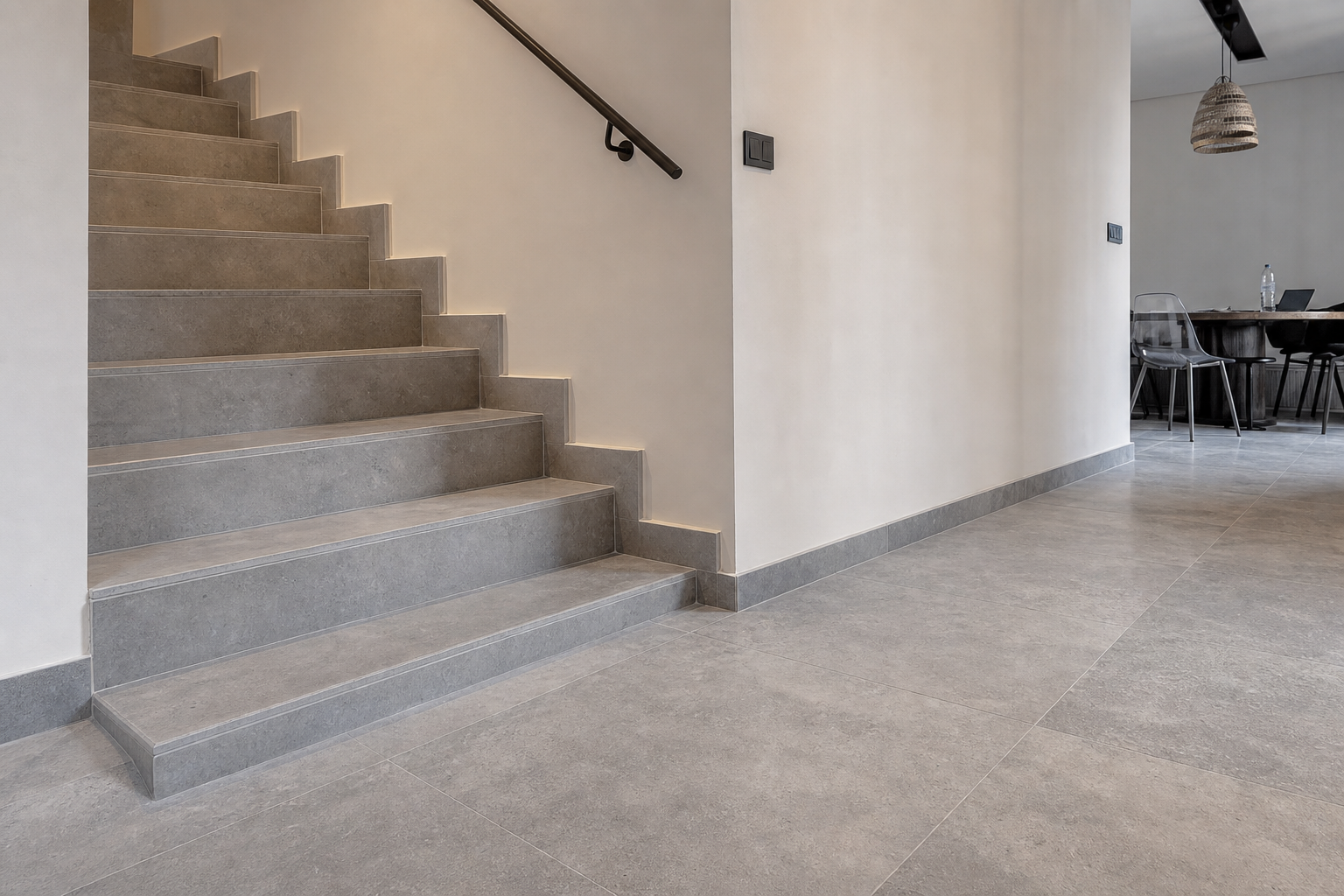 Honed and filled travertine flooring and stairs in a contemporary interior