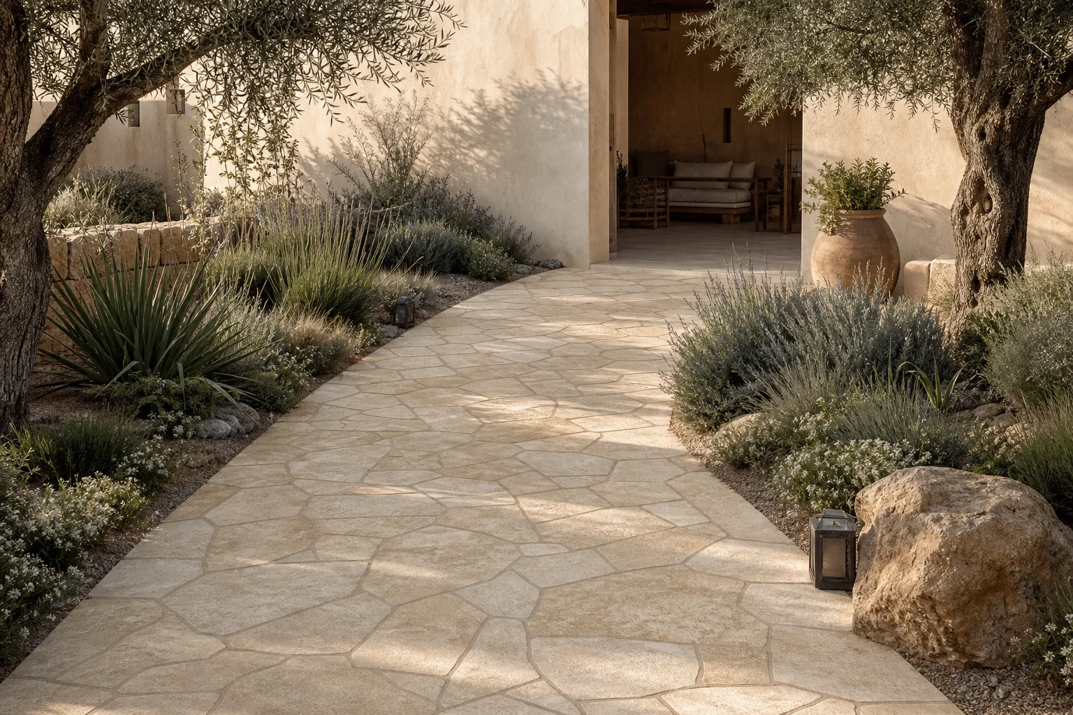 Warm limestone crazy paving forming a landscaped Moroccan courtyard path