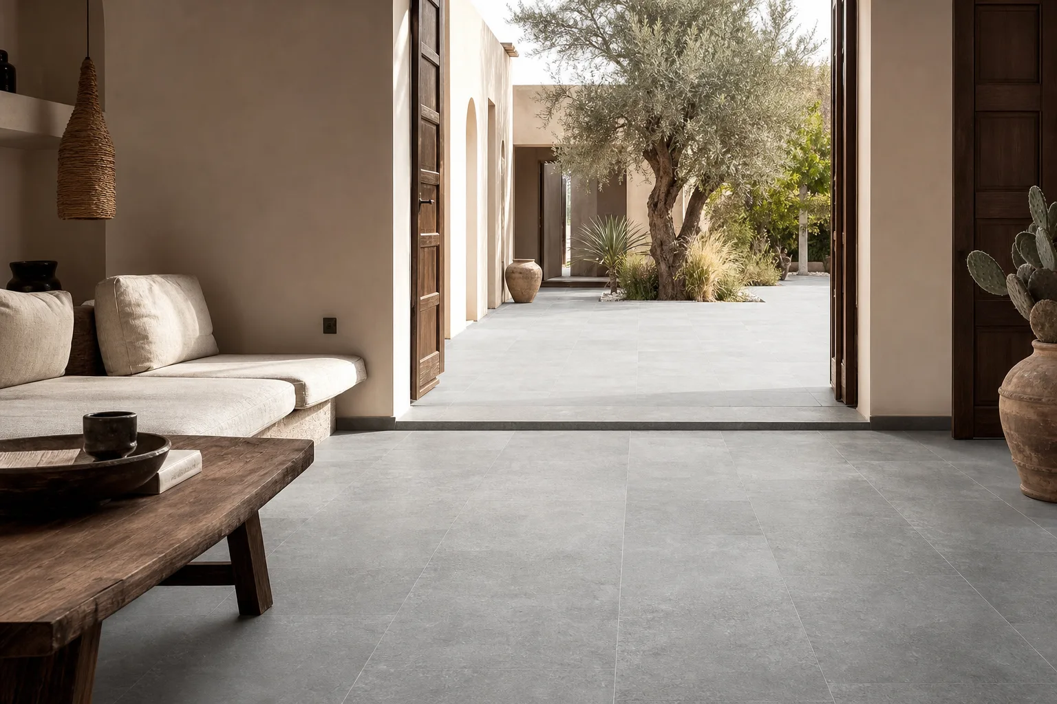 Honed grey limestone flooring continuing from a Moroccan interior into a courtyard
