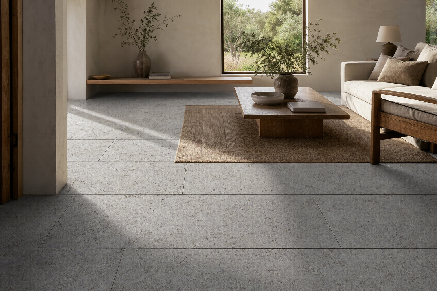 Touda Grey limestone flooring in a contemporary living room