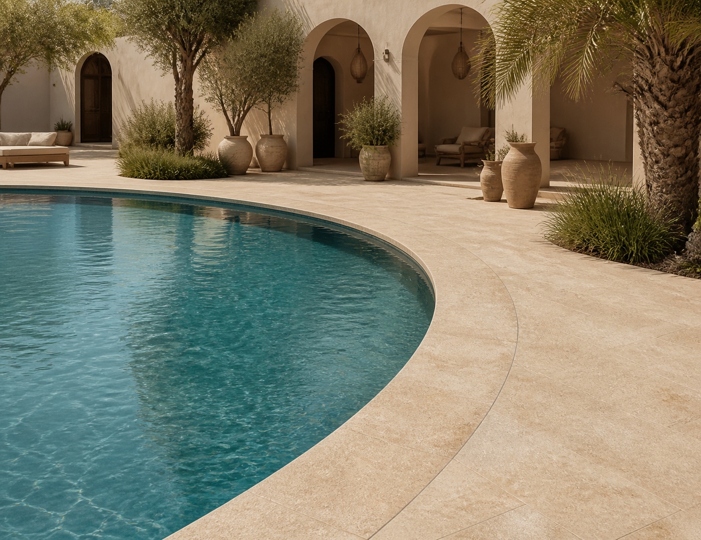 Curved hospitality pool with Chablis Beige limestone coping