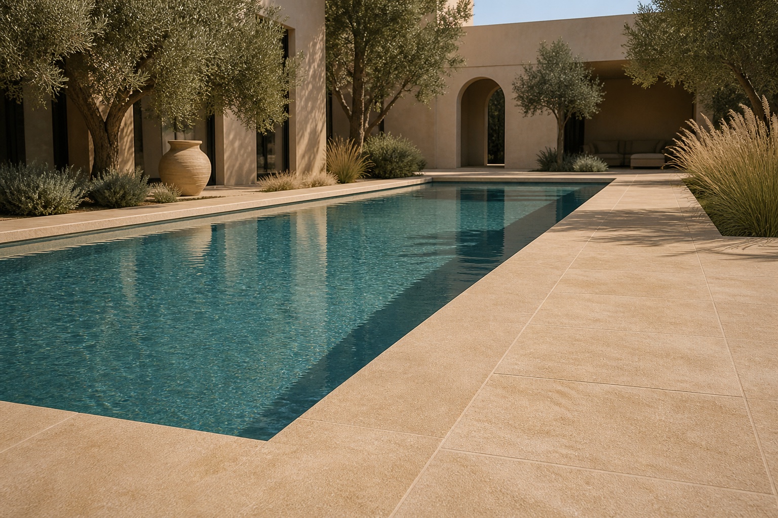 Chablis Beige Moroccan limestone pool coping and paving around a contemporary swimming pool