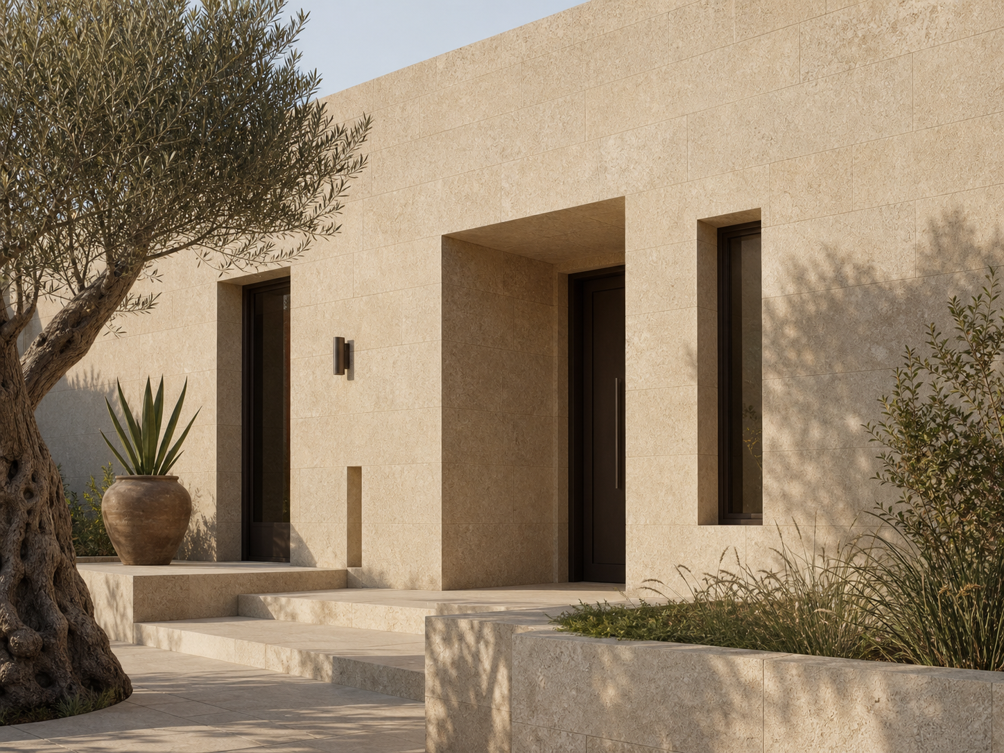 Visualization of a Zola Beige limestone façade