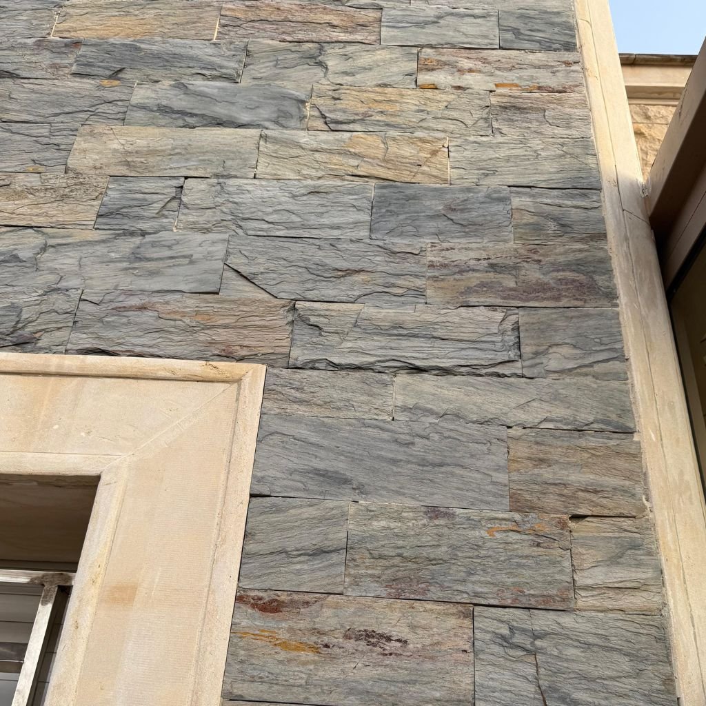 Natural slate walling installed around an exterior opening