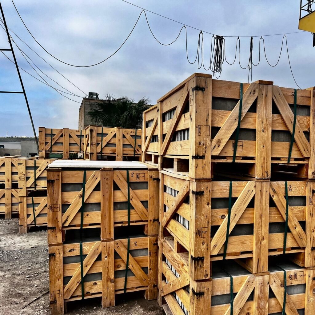 Natural stone secured in timber crates for international export