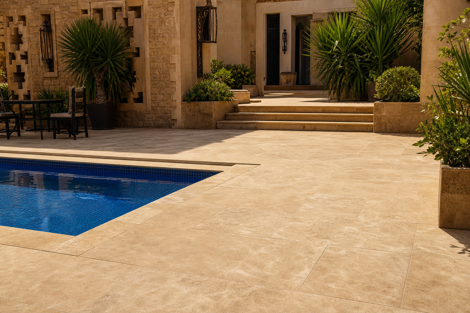 Warm beige Moroccan limestone used beside a pool